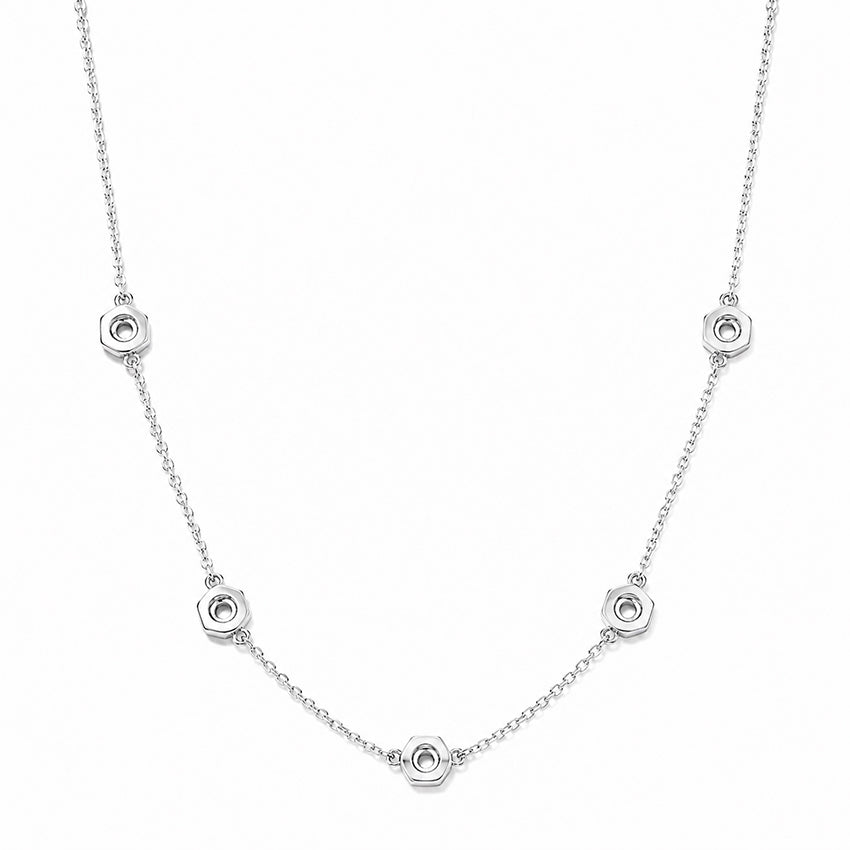 Back detail of moonstone necklace showing sterling silver gemstone settings and fine chain