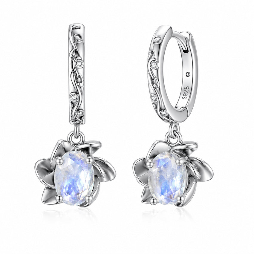 Moonstone drop earrings in sterling silver with floral detailing and engraved hoops