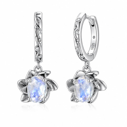 Moonstone drop earrings in sterling silver with floral detailing and engraved hoops