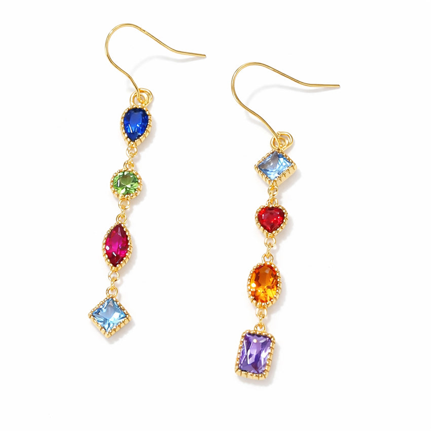 Elegant multicolour gemstone drop earrings handcrafted in gold vermeil over sterling silver, featuring sapphire blue, ruby red, citrine, peridot and amethyst stones in a refined elongated design

