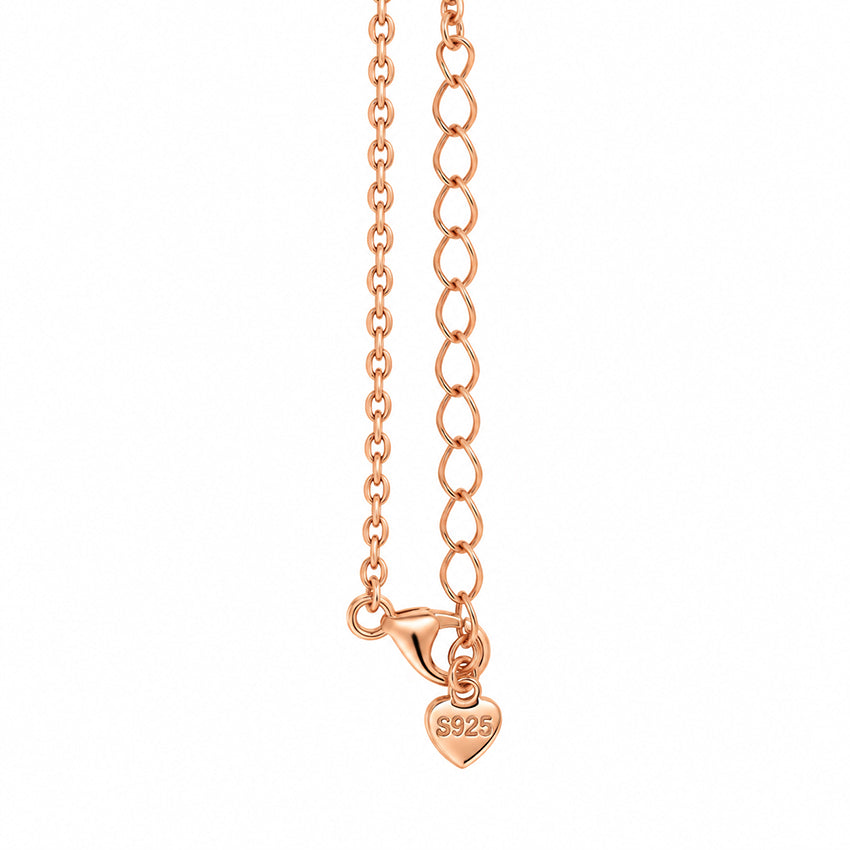 Rose gold necklace chain, lobster clasp and adjustable extension chain detail on the Moda de la Maria multicolour heart necklace.