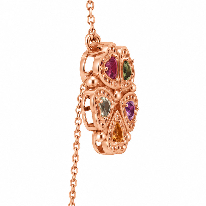 Back detail of the multicolour heart gemstone necklace with rose gold chain, open heart settings and articulated construction.