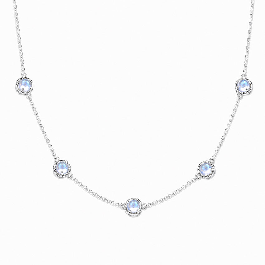 Five moonstone sterling silver necklace with delicate silver chain and floral settings
