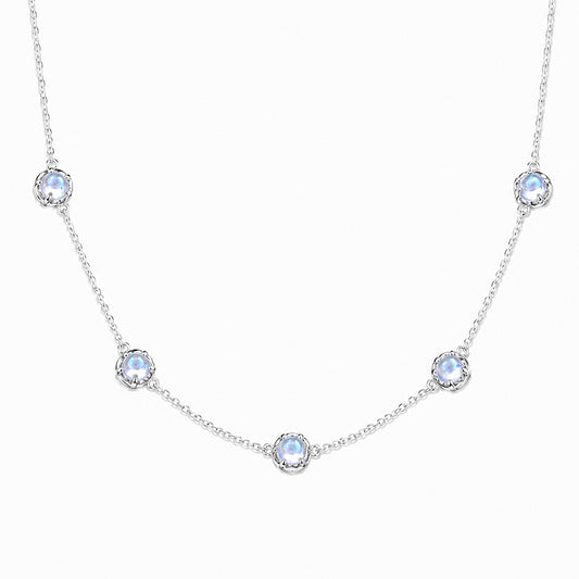 Five moonstone sterling silver necklace with delicate silver chain and floral settings
