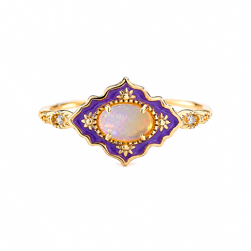 Victorian-style adjustable ring with natural opal, purple enamel detailing and gold vermeil plated sterling silver.