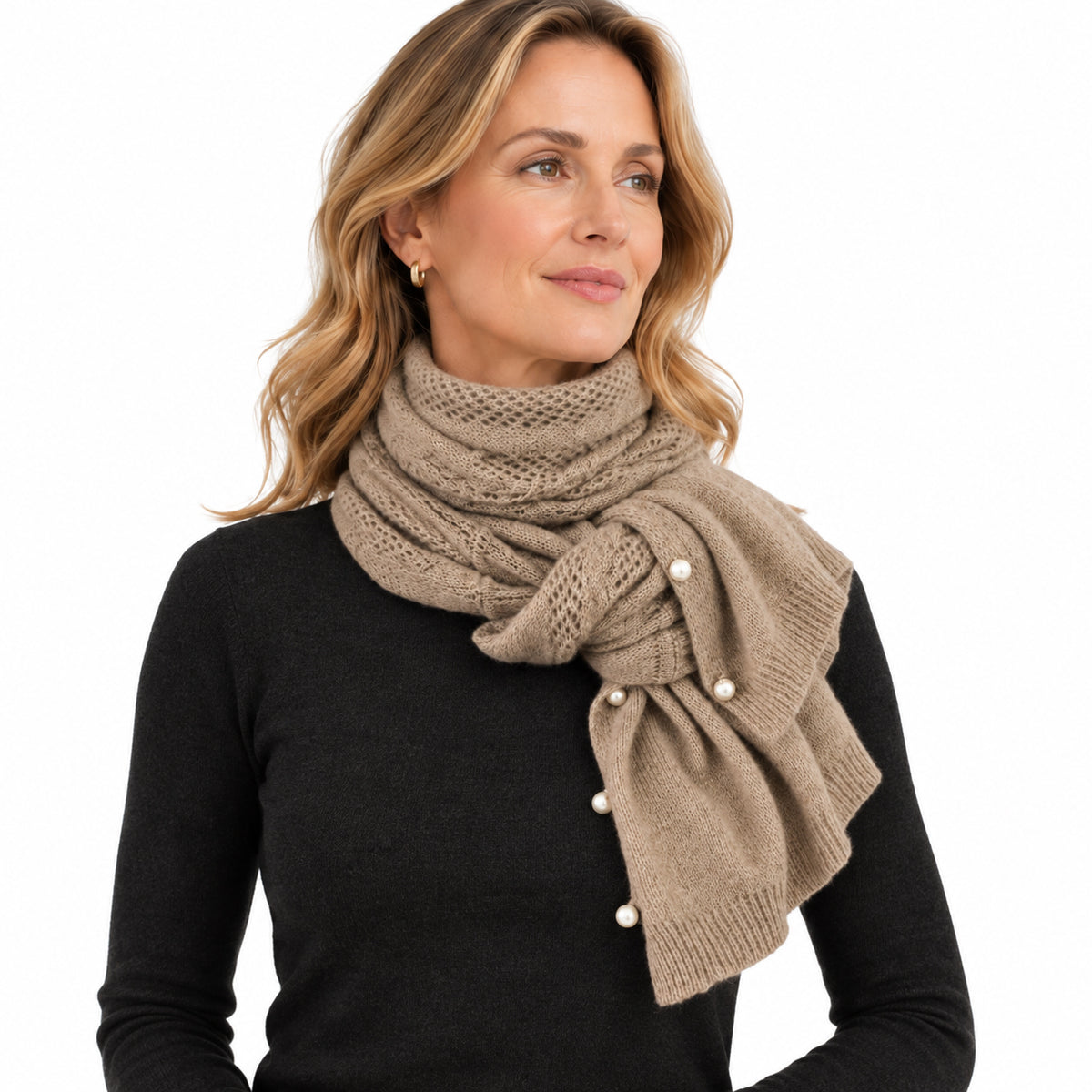 Woman wearing oatmeal pure cashmere convertible scarf wrapped around the neck with pearl button details