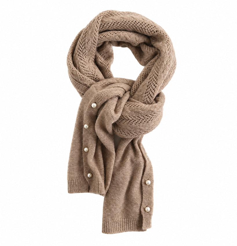 Oatmeal pure cashmere convertible scarf cape with openwork knit and pearl button details