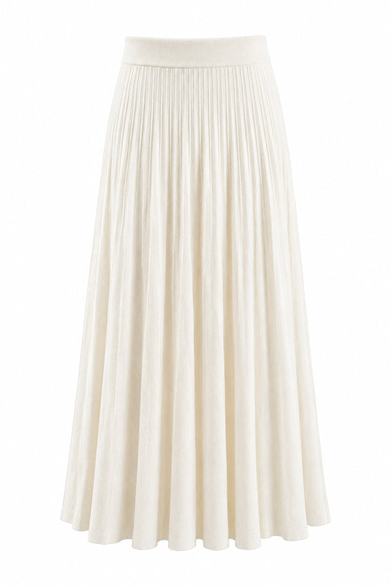 Organic cashmere ivory knitted skirt product image on a white background, featuring a timeless design and luxury sustainable craftsmanship.
