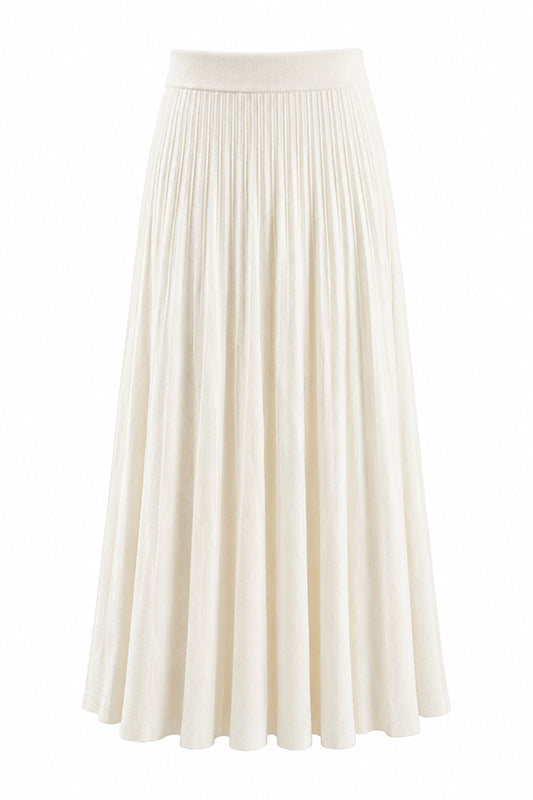 Organic cashmere ivory knitted skirt product image on a white background, featuring a timeless design and luxury sustainable craftsmanship.
