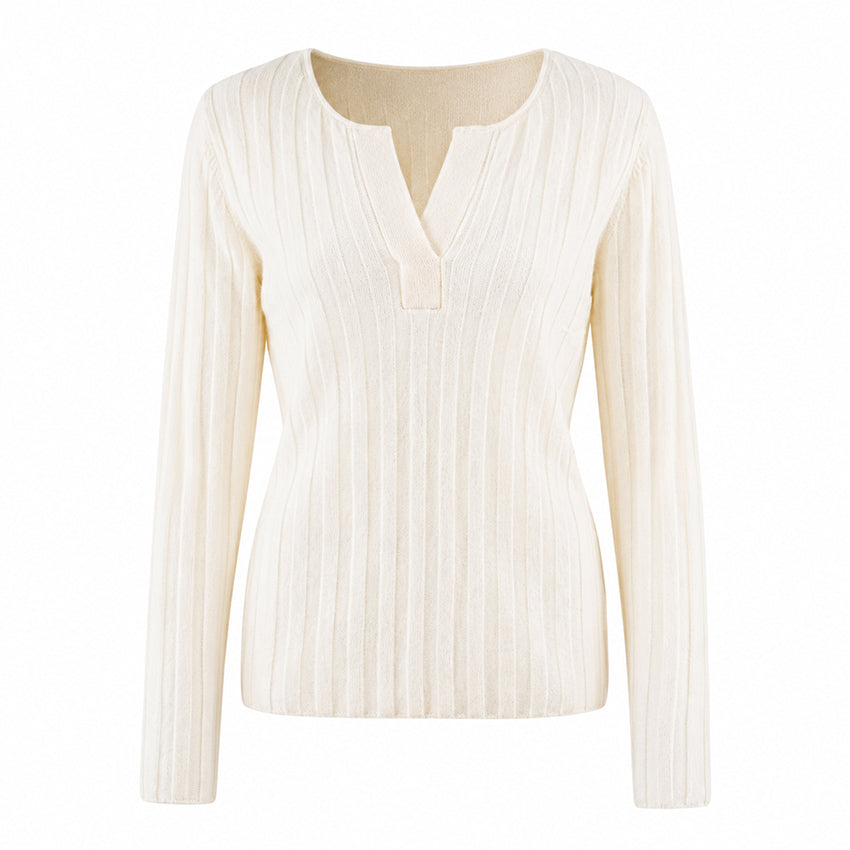 Organic cashmere natural white ribbed knit top by Moda de la Maria, luxury women's sweater with elegant notch neckline and soft cashmere texture.