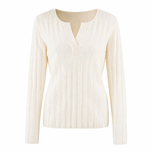 Organic cashmere natural white ribbed knit top by Moda de la Maria, luxury women's sweater with elegant notch neckline and soft cashmere texture.
