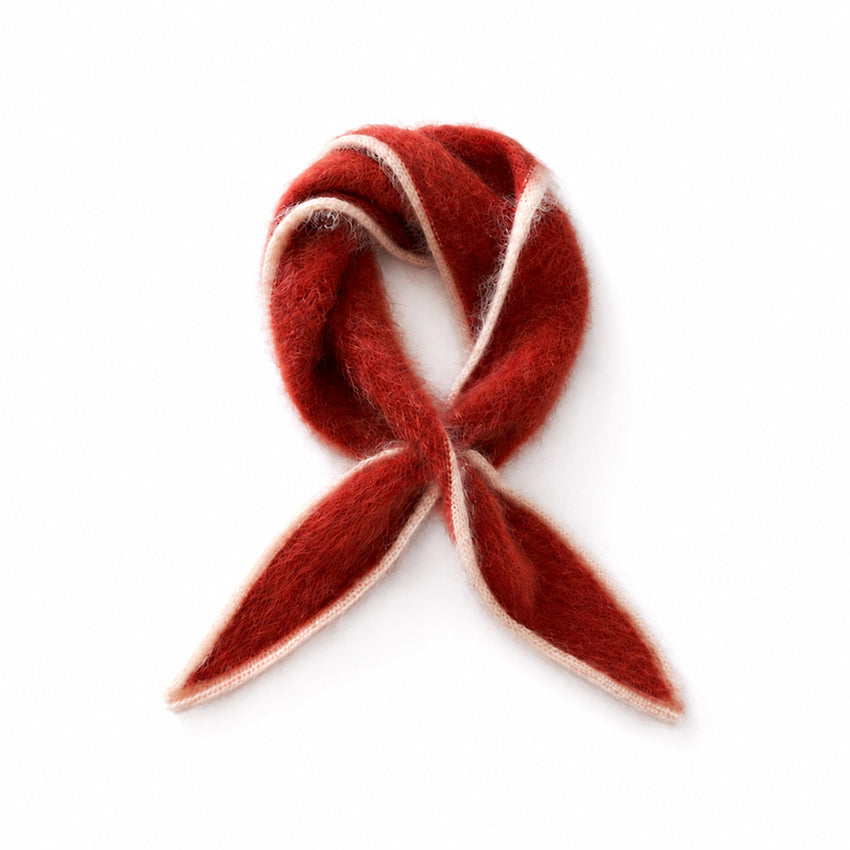 Red cashmere triangle scarf with cream contrast edging and soft fluffy finish by Moda de la Maria