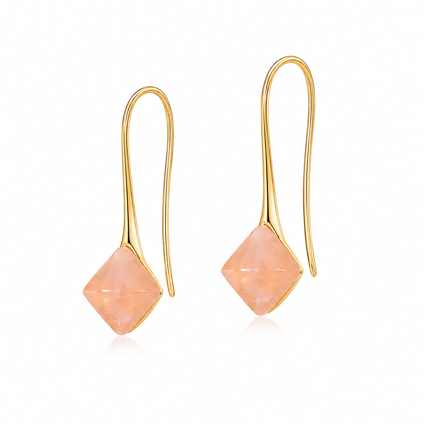 Luxury rose quartz drop earrings in 18K gold-plated sterling silver featuring natural rose quartz gemstones—elegant lightweight designer earrings by Moda de la Maria.