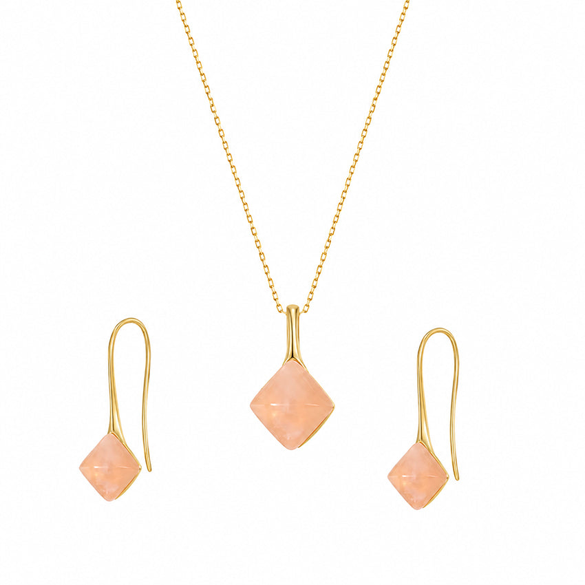 Luxury Rose Quartz necklace and matching earrings in gold-plated sterling silver on a pure white background. Elegant natural gemstone jewellery set by Moda de la Maria, handcrafted premium women's jewellery for timeless everyday and occasion wear.