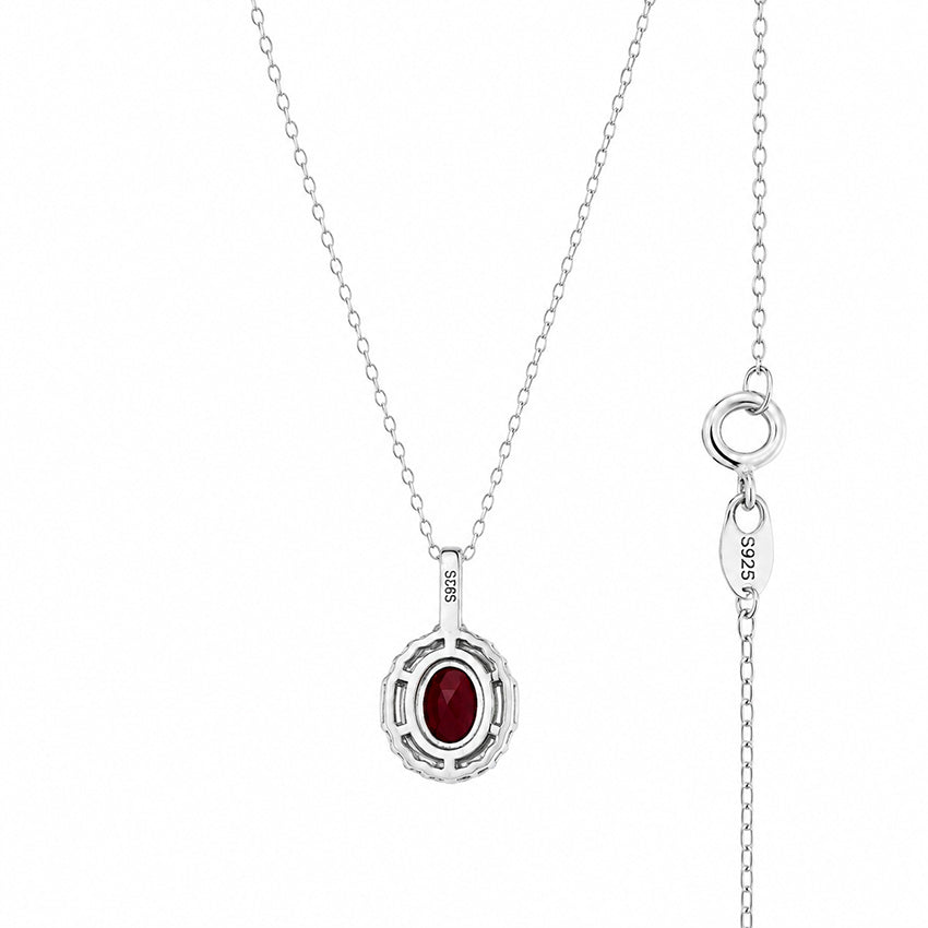 Back view of Moda de la Maria ruby pendant necklace in sterling silver with visible S925 hallmark clasp and fine chain detail on white background
