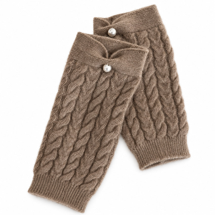 Taupe pure cashmere fingerless gloves with cable knit, bow cuff and pearl detail by Moda de la Maria.
