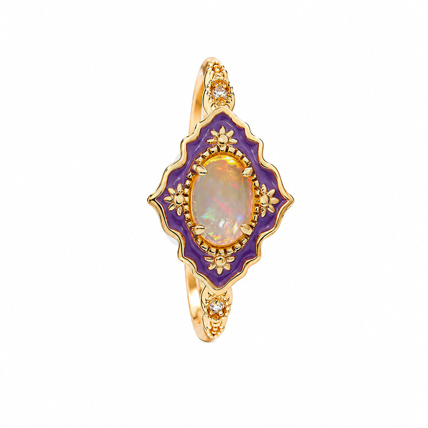 Natural opal ring with purple enamel, ornate Victorian-inspired detailing and a gold vermeil adjustable band.