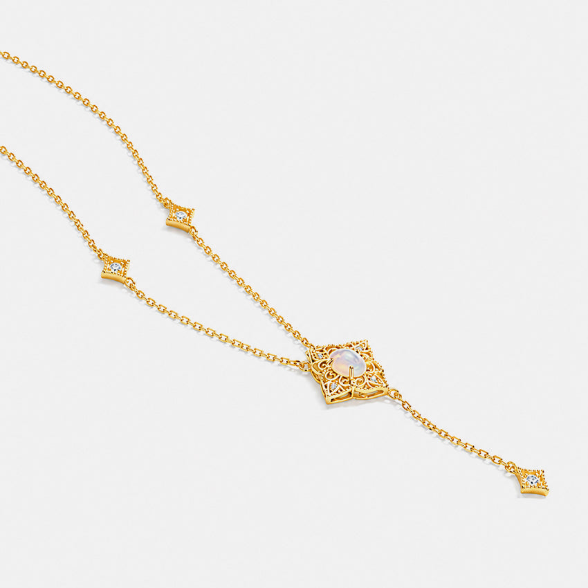 Victorian-style opal necklace in gold-plated sterling silver with ornate centrepiece and crystal detailing