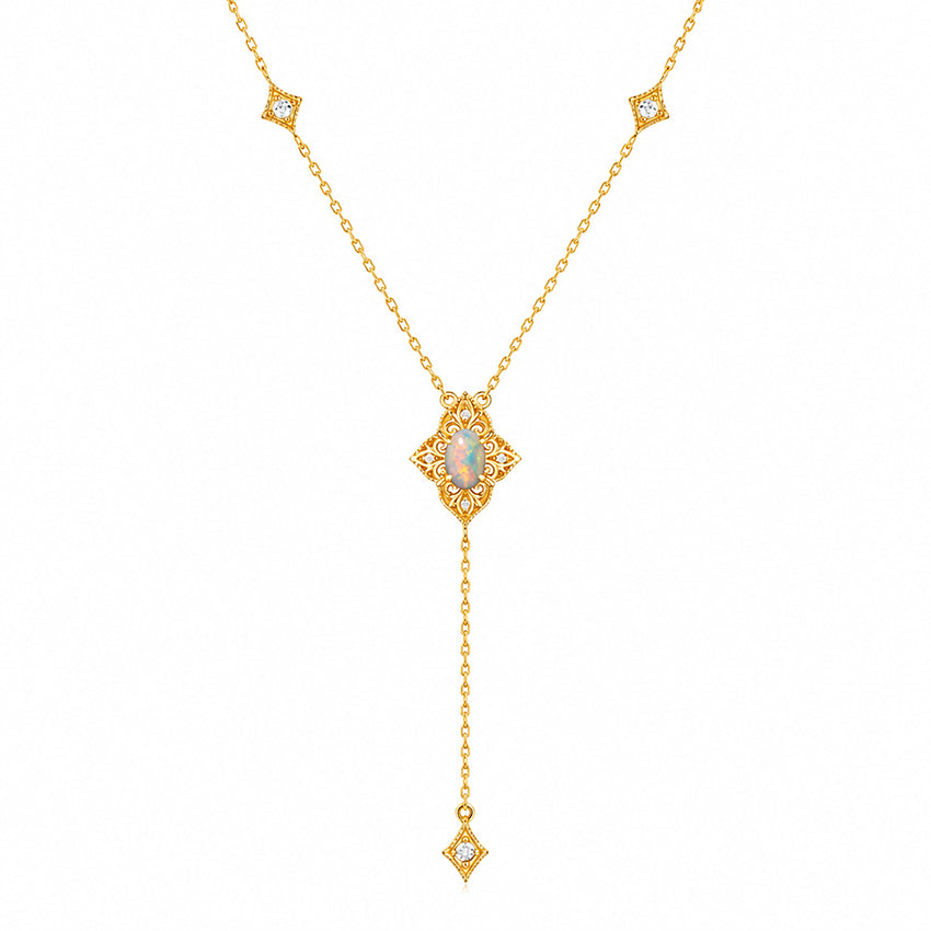 Victorian-style natural opal adjustable necklace in 18k gold-plated sterling silver with ornate detailing and zirconia crystals.