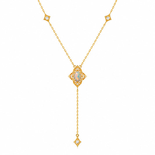 Victorian-style natural opal adjustable necklace in 18k gold-plated sterling silver with ornate detailing and zirconia crystals.