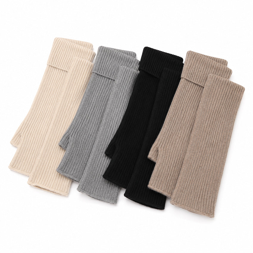Women’s 100% cashmere fingerless gloves in Semolina, Grey, Black and Oatmeal, luxury ribbed hand warmers by Moda de la Maria