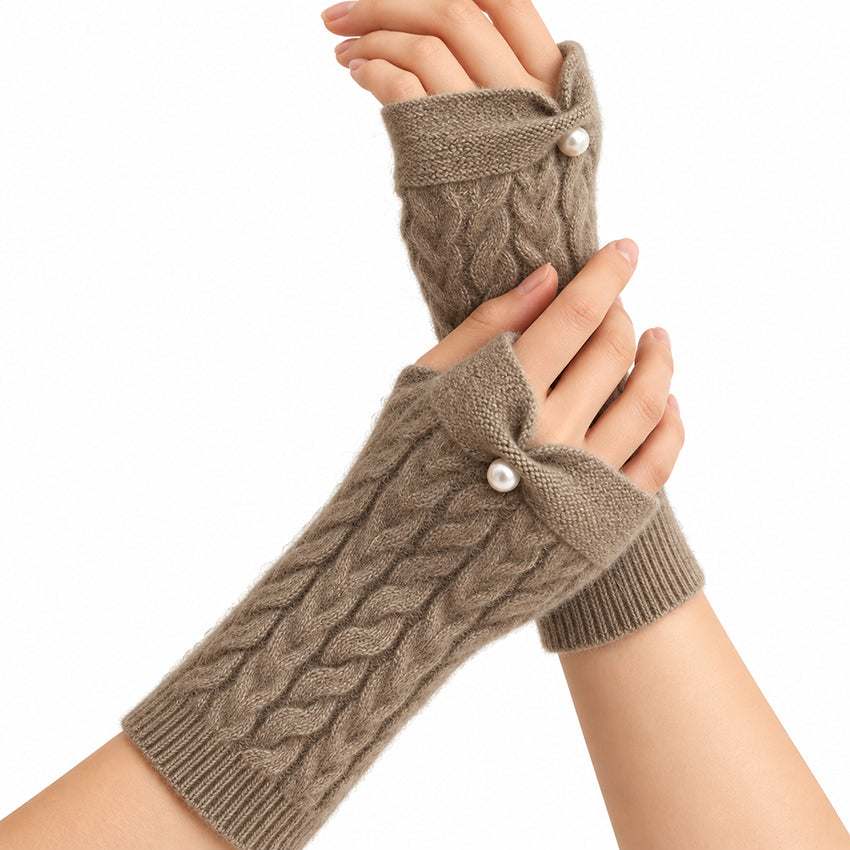 Women’s taupe cashmere fingerless gloves with cable knit and pearl detail by Moda de la Maria.